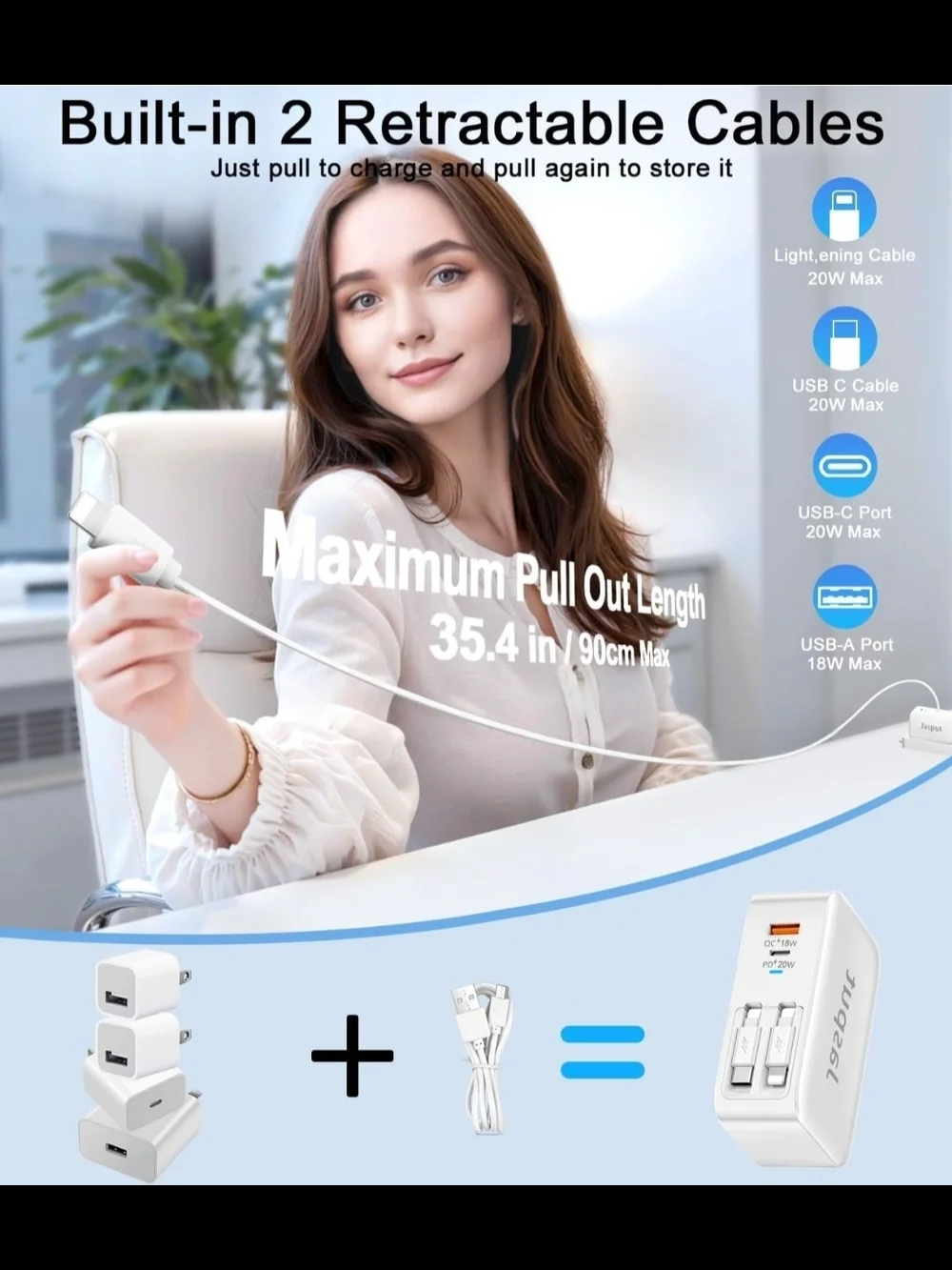 Jasput 4-in-1 Multi Port 40W Retractable Phone Wall Charger with Foldable Plug